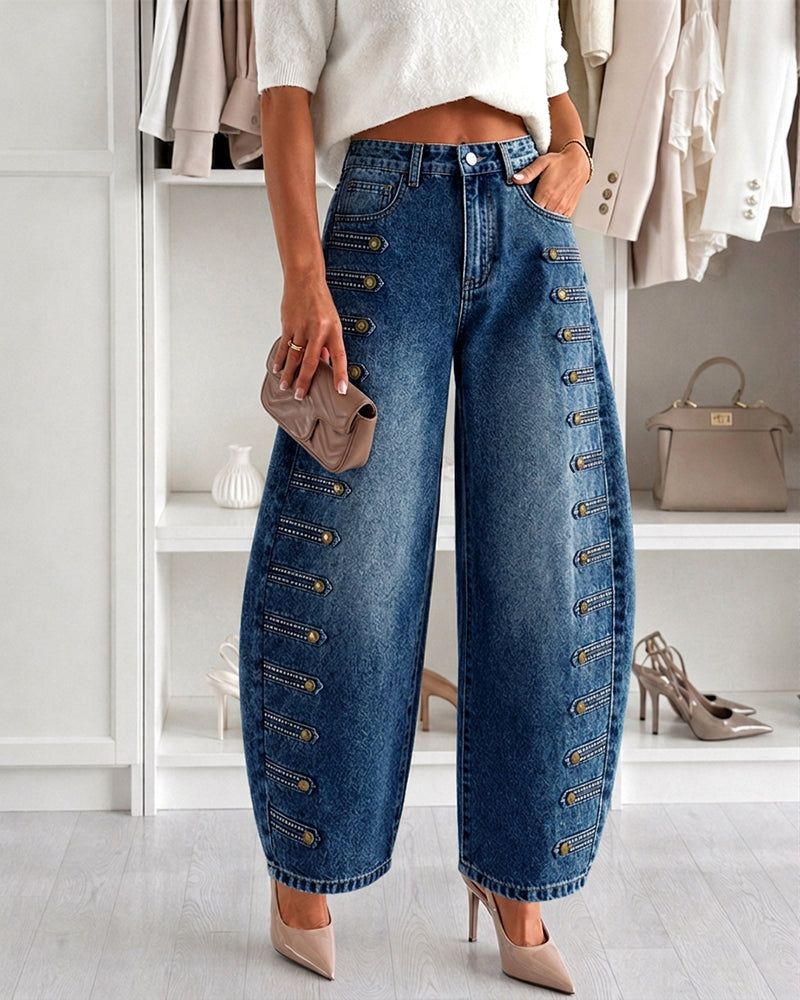 Women's Wide Leg Jeans High Waisted Side Button Denim Pants Distressed Washed Trousers Retro Y2K Streetwear