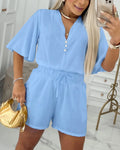 2 Pieces V Neck Button Decor Bell Sleeve Top and Casual Drawstring Stechy Waist Shorts Set