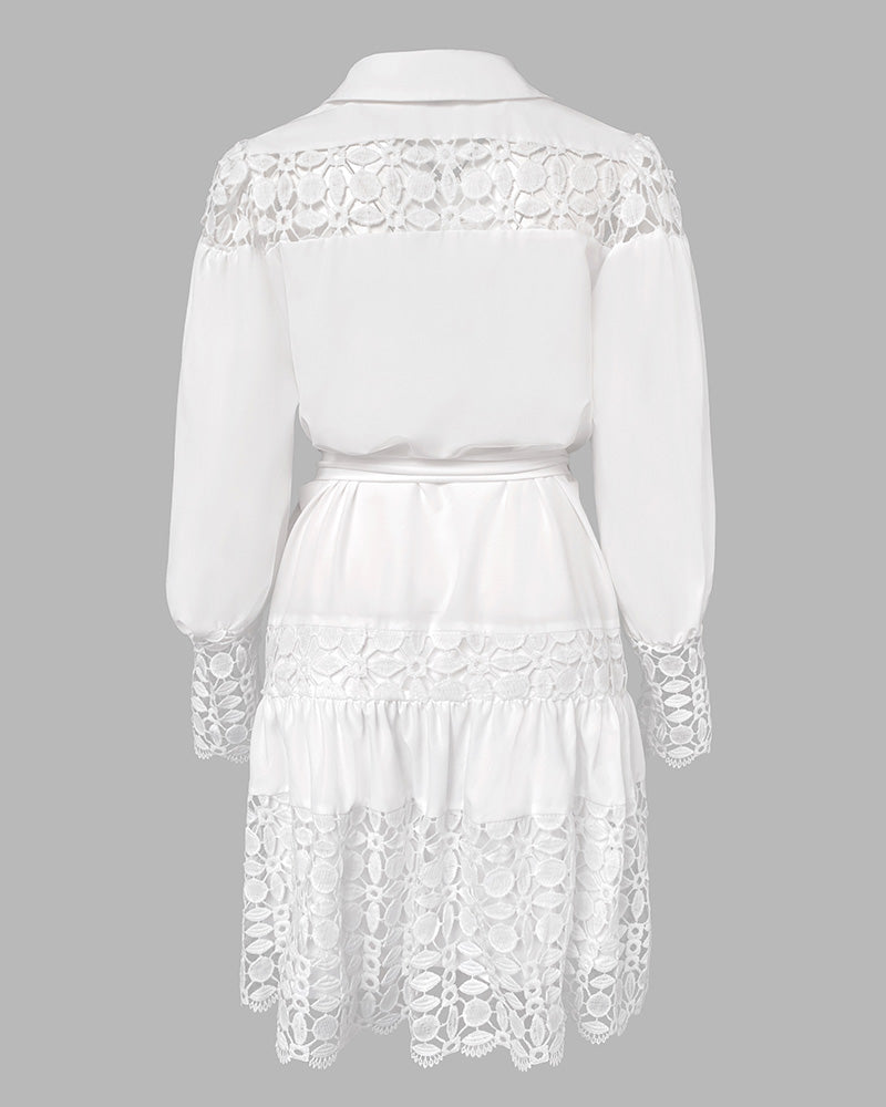 Guipure Lace Spliced Turn-down Collar Long Sleeve Button Front Shirt Dress Casual Tie Waist Ruffle Hem Dress
