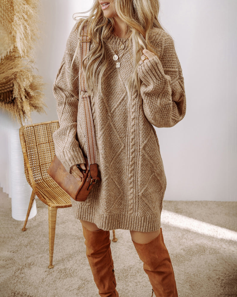 Round Neck Long Sleeve Drop Shoulder Pullover Sweater Casual Loose Fit Cable Knit Mid Length Sweater
