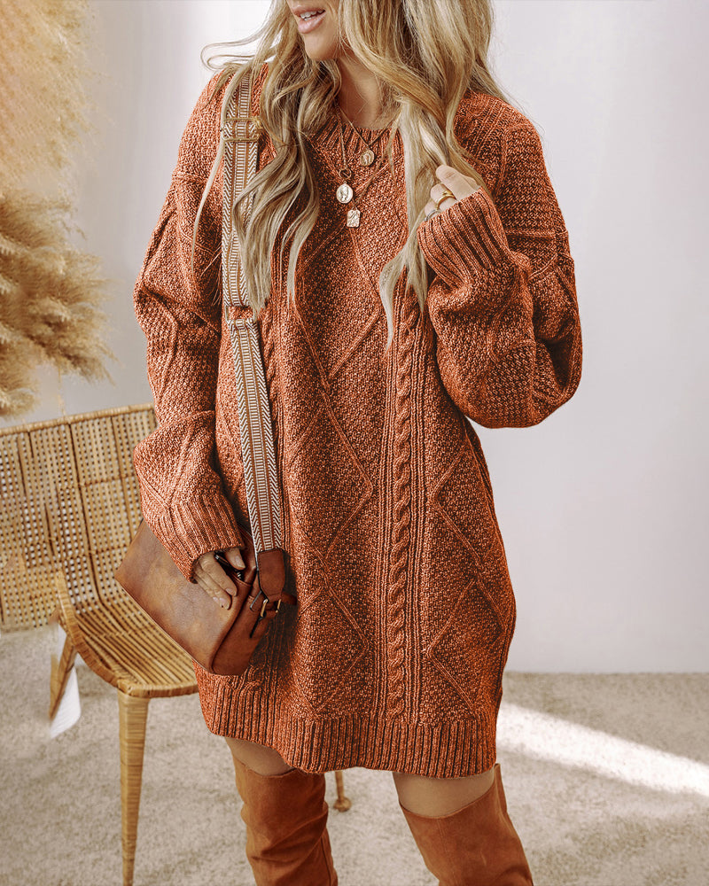 Round Neck Long Sleeve Drop Shoulder Pullover Sweater Casual Loose Fit Cable Knit Mid Length Sweater