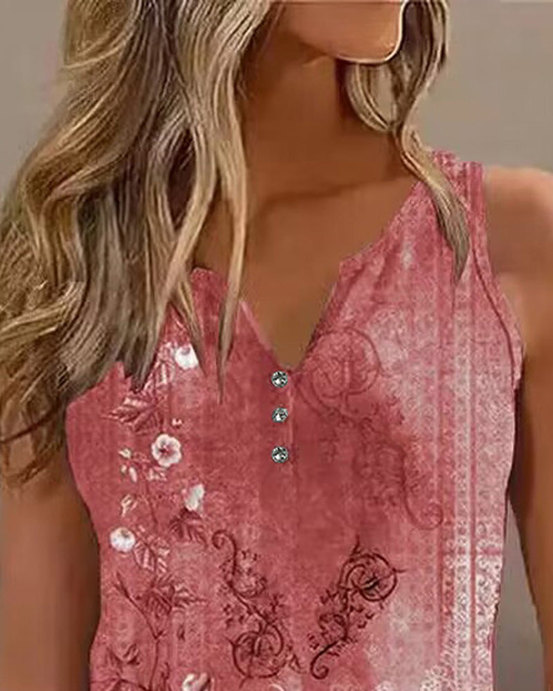 CHICME Women's Casual Floral Print Tank Top Sleeveless Notch Neck Vest with Rhinestone Accents