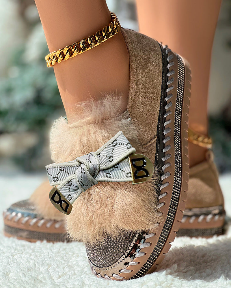 Rhinestone Bowknot Design Platform Fuzzy Slip-On Loafers