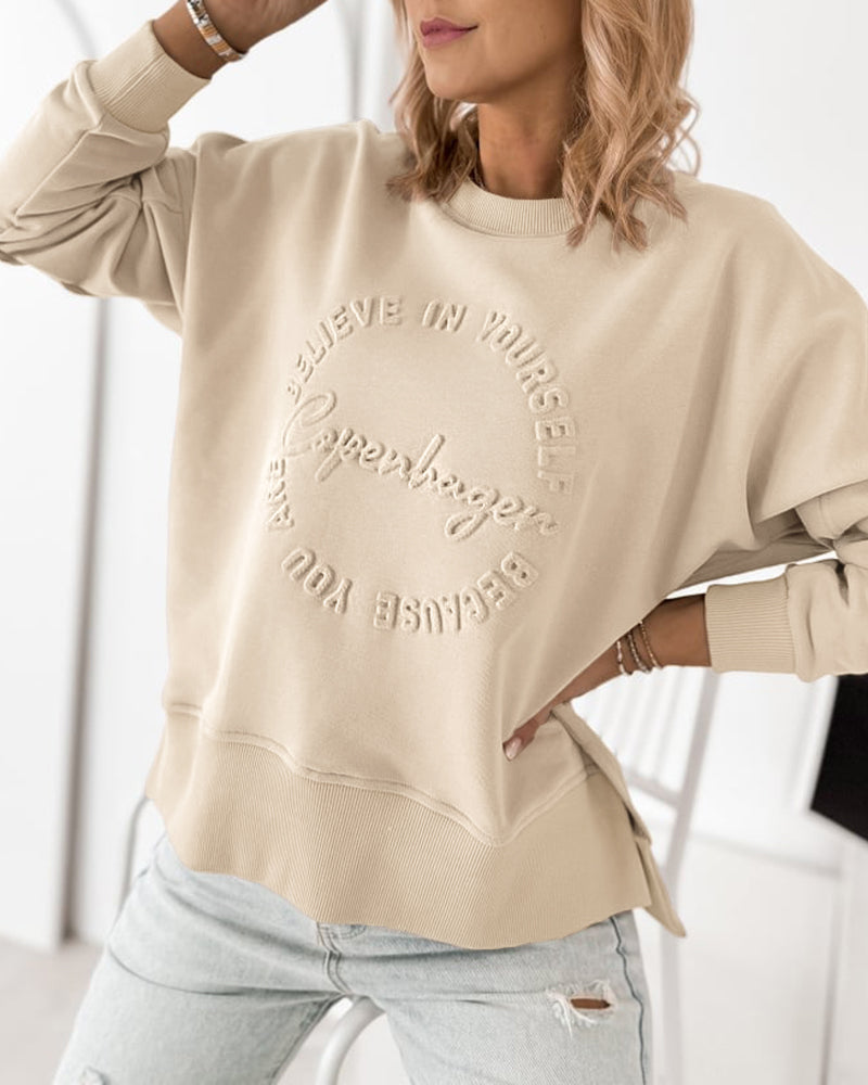 Women's Loose Crewneck Sweatshirt Embossed Letter Print Pullover Top Casual Side Slit Top