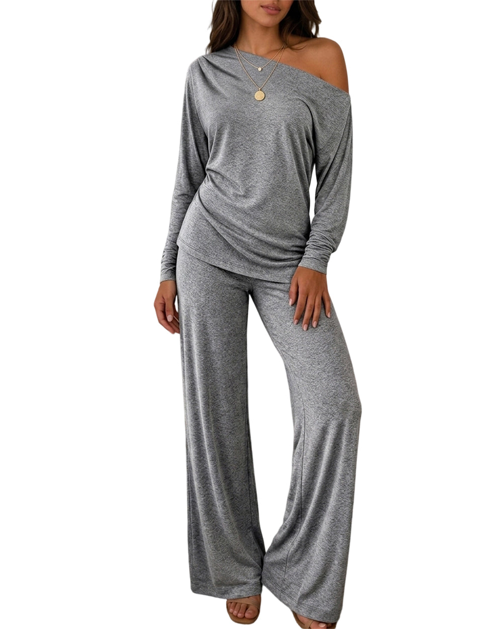 CHICME ESSENCE Women's 2 Piece Lounge Set Skew Neck Ruched Asymmetric Hem Long Sleeve Top and Wide Leg Pants Matching Outfit