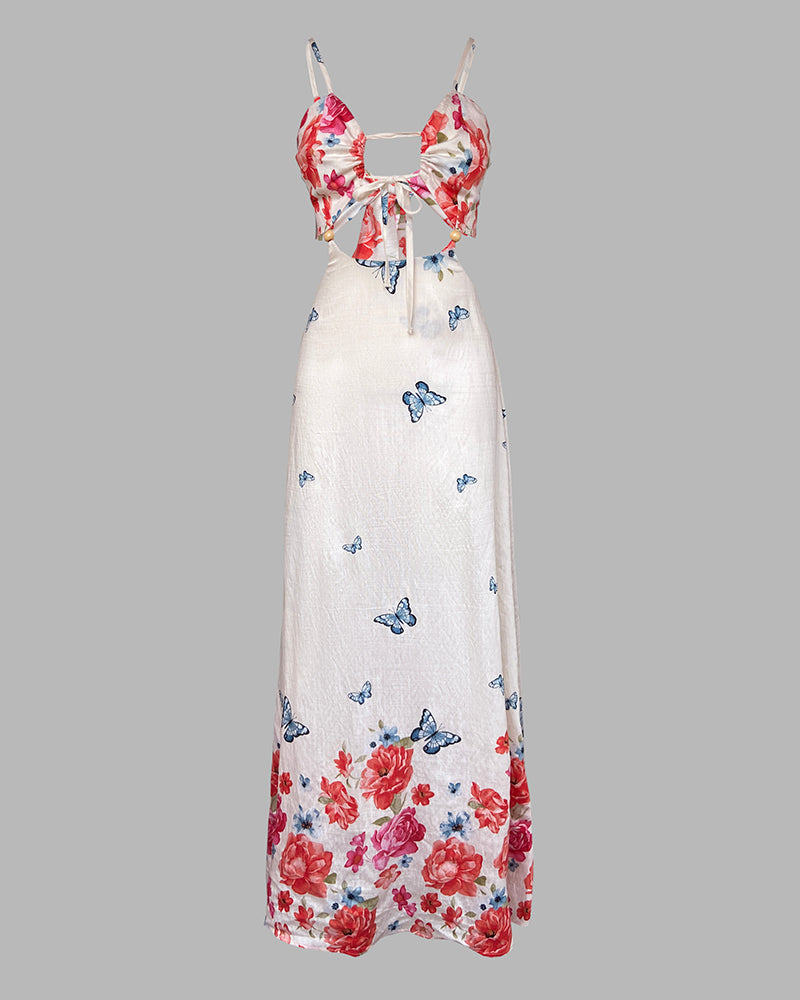 Women's Floral Butterfly Print Maxi Dress Backless Cutout Cami Sundress Ruched Tied Detail Flowy Vacation Dress