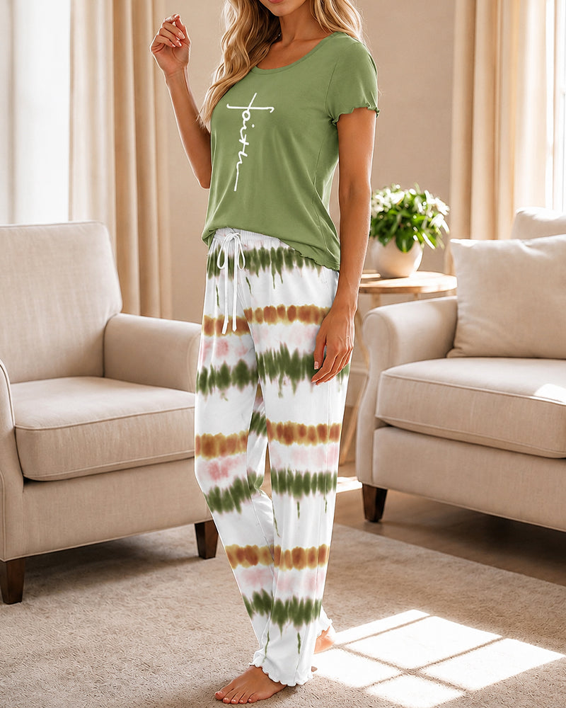 Women's Two Piece Pajama Set Faith Letter Print Short Sleeve Top and Tie Dye Straight Leg Pants Casual Lounge Set