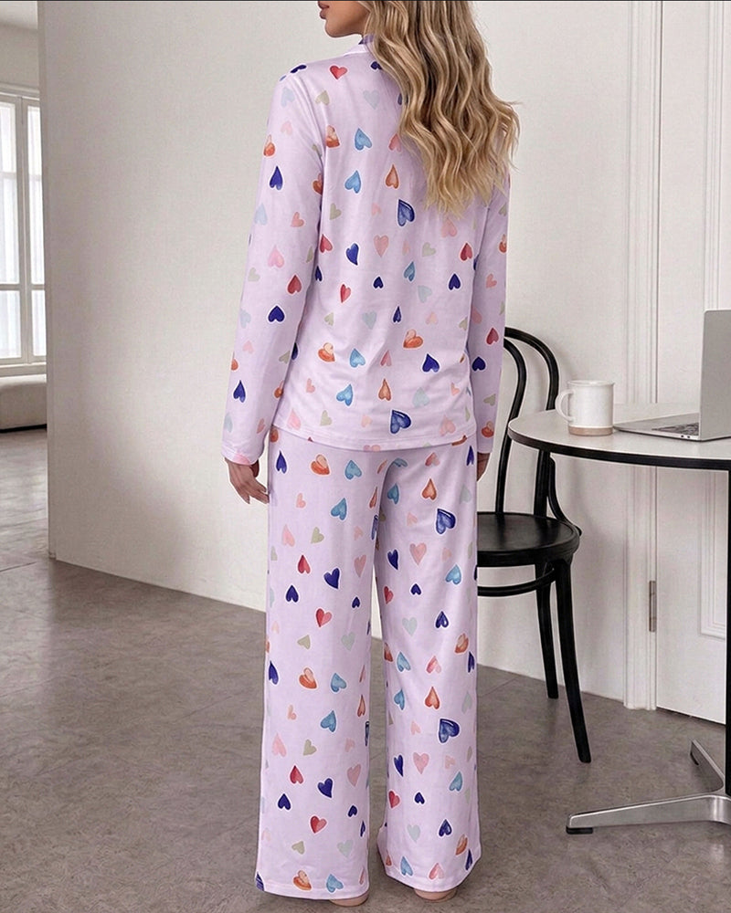 CHICME ESSENCE Women's Colorful Heart Print 2 Piece Pajama Set Long Sleeve Button Down Top and High Waisted Pants Casual Lounge Sets