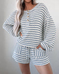 Women's Striped Two Piece Outfit Henley Lantern Sleeve Top and Drawstring Shorts Casual Lounge Set