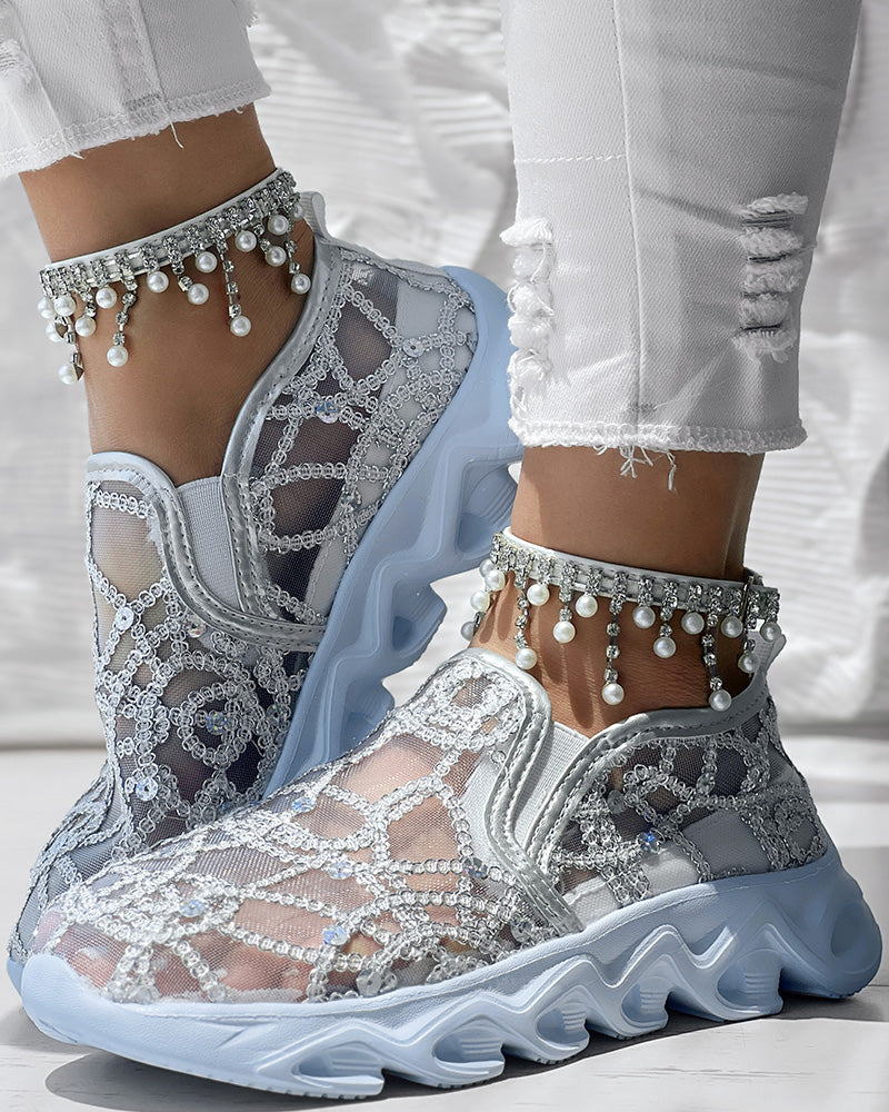 Contrast Sequin Sheer Mesh Patch Breathable Sneakers