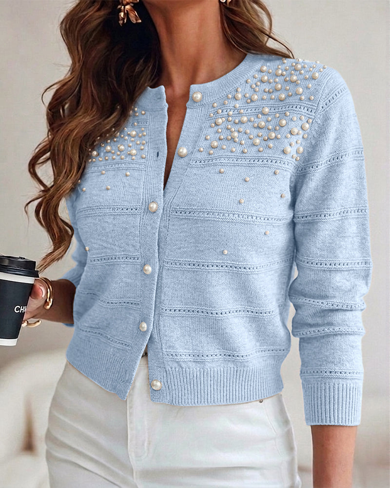 Women's Pearl Beaded Knit Cardigan Elegant Hollow Out Crop Sweater Casual Button Down Coat