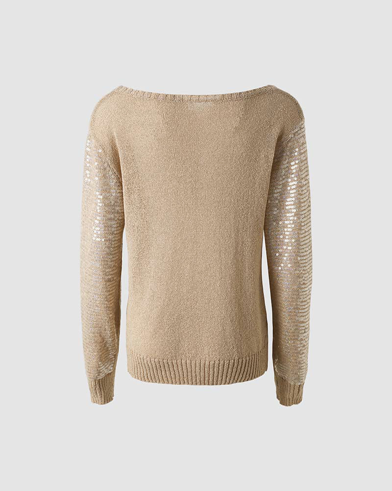 Women's Sequin Knit Sweater Loose Skew Neck Pullover Top Sheer Hollow Out Shimmering Long Sleeve Top