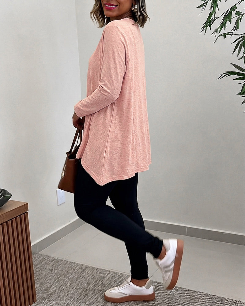 Women's Asymmetric Hem Long Sleeve Top Loose Fit Dropped Shoulder Crewneck Soft Slouchy Casual Tee