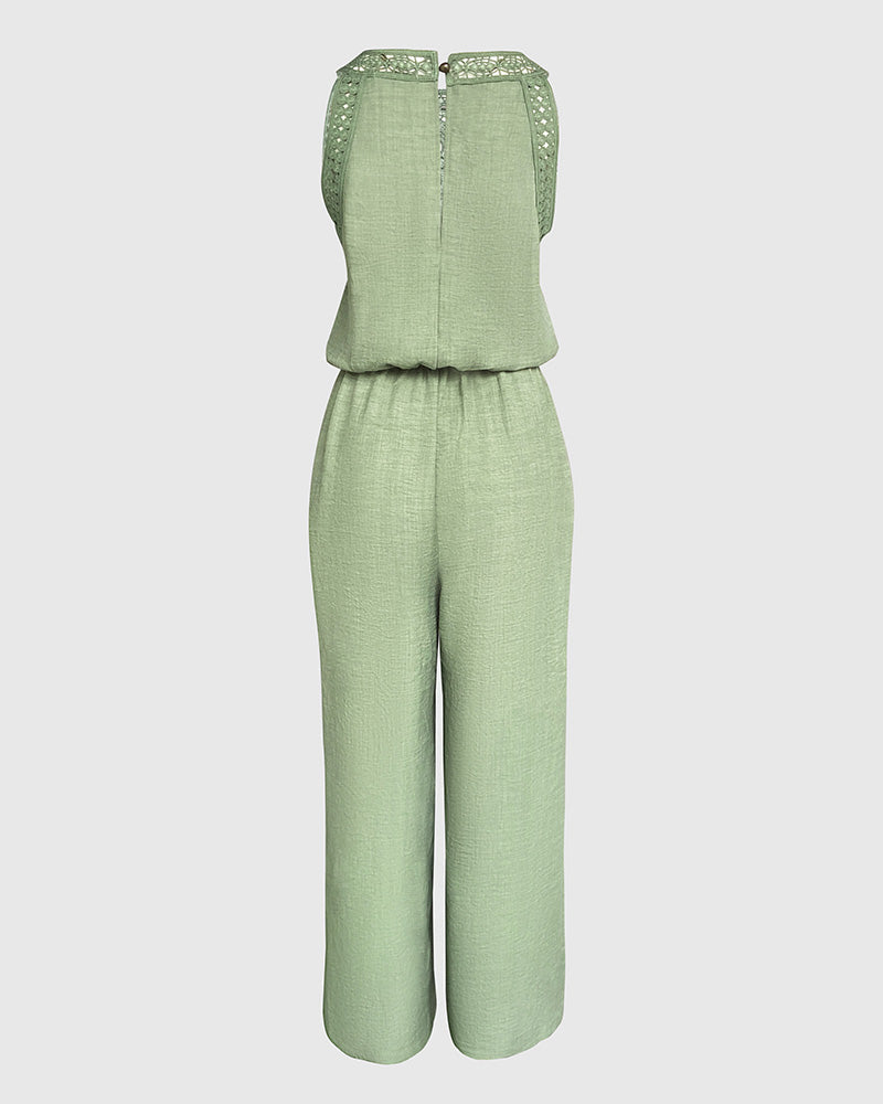 Women's Halter Jumpsuit Lace Trim Backless Overalls Tied Detail Wide Leg Jumpsuit with Pockets