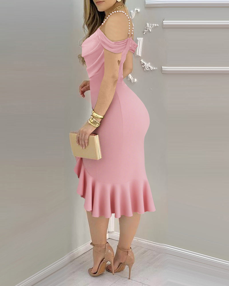 Women's Cold Shoulder Adjustable Pearls Straps Bodycon Dress Cowl Neck Asymmetrical Ruffle Hem Party Dress