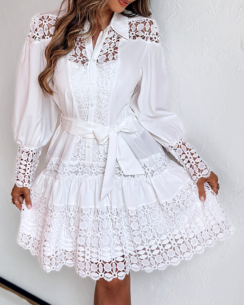 Guipure Lace Spliced Turn-down Collar Long Sleeve Button Front Shirt Dress Casual Tie Waist Ruffle Hem Dress