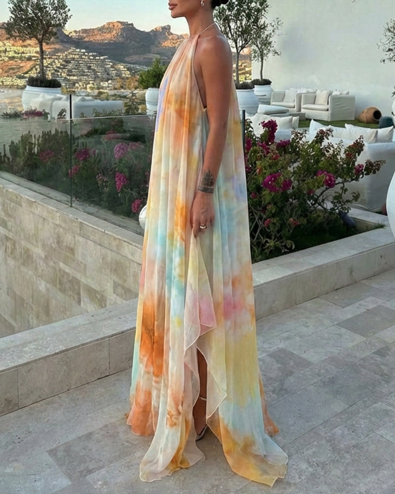CHICME Women's Tie Dye Print Chiffon Maxi Dress Halter Neck Backless Tied Flowy A-Line Long Dress for Vacation