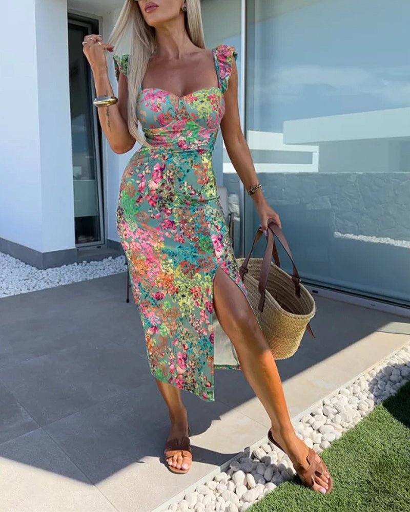 Women's Floral Sweetheart Neck Mid-length Dress Flutter Sleeve High Slit Bodycon Summer Vacation Dress
