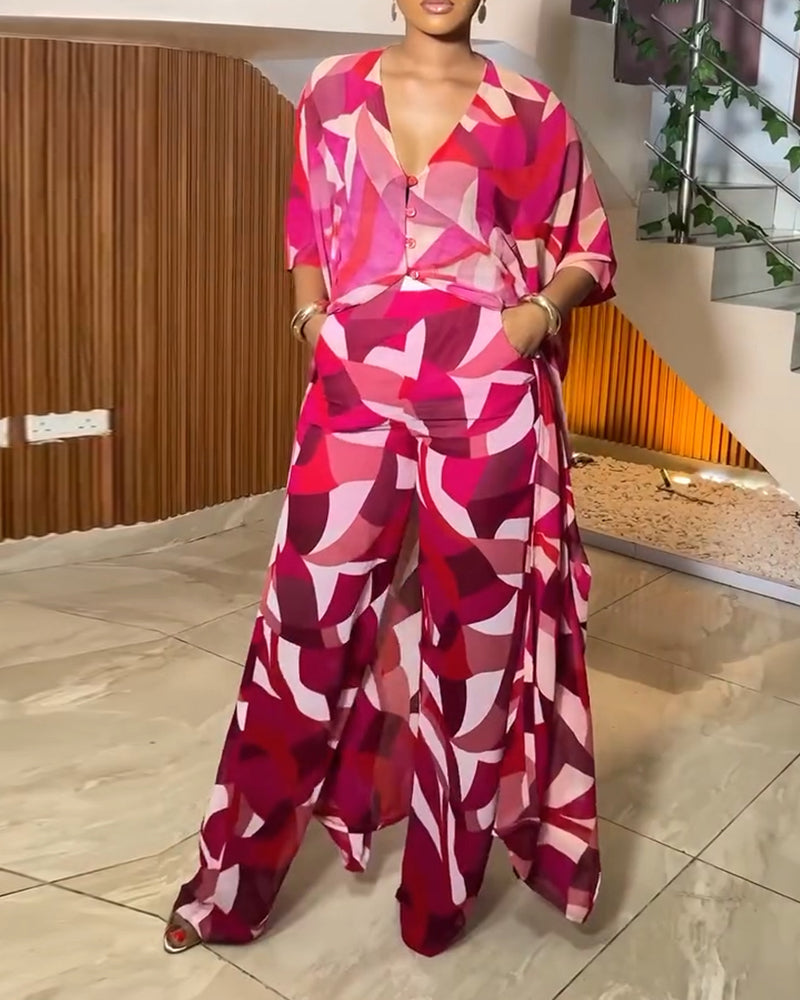 Women's Colorblock Geometric Print 2 Piece Set Batwing Sleeve V Neck Slit Longline Kaftan Top and Wide Leg Pants Set