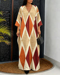 Women's Oversized Argyle Kaftan Maxi Dress V Neck Batwing Sleeve Hollow-out Beach Robe Long Dress with Pockets