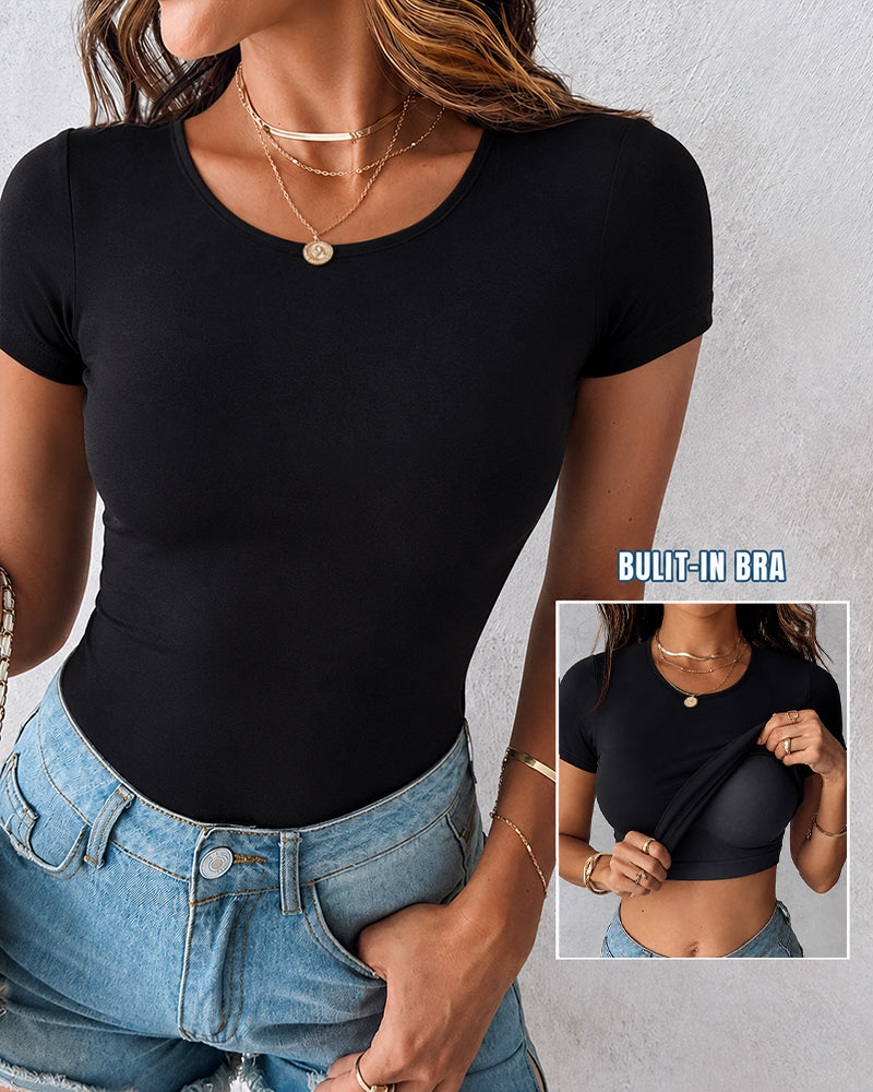 Women's Slim Fit Short Sleeve T-Shirt Crewneck Padded Tees Seamless Fitted Layering Top Going Out Shirts with Built-in Bra