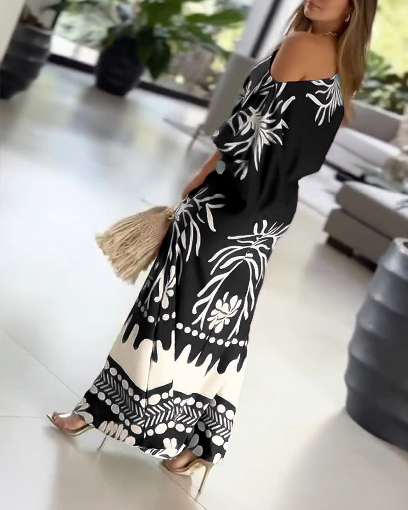 2 Pieces Outfit Skew Neck Lantern Sleeve Loose Fit Top and High Waist Elastic Waist Fishtail Maxi Skirt Set Casual Tropical Print Vacation Set