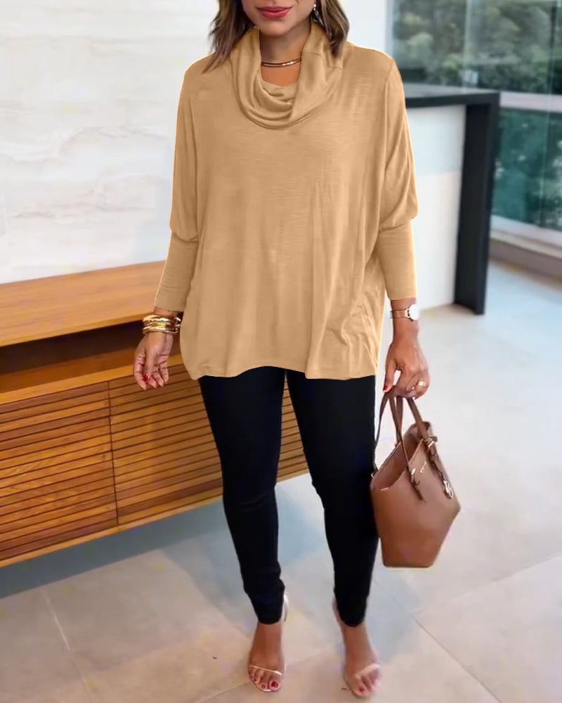 Women's Cowl Neck Batwing Sleeve Top Casual Long Sleeve Loose Pullover Comfortable Soft Drape Blouse