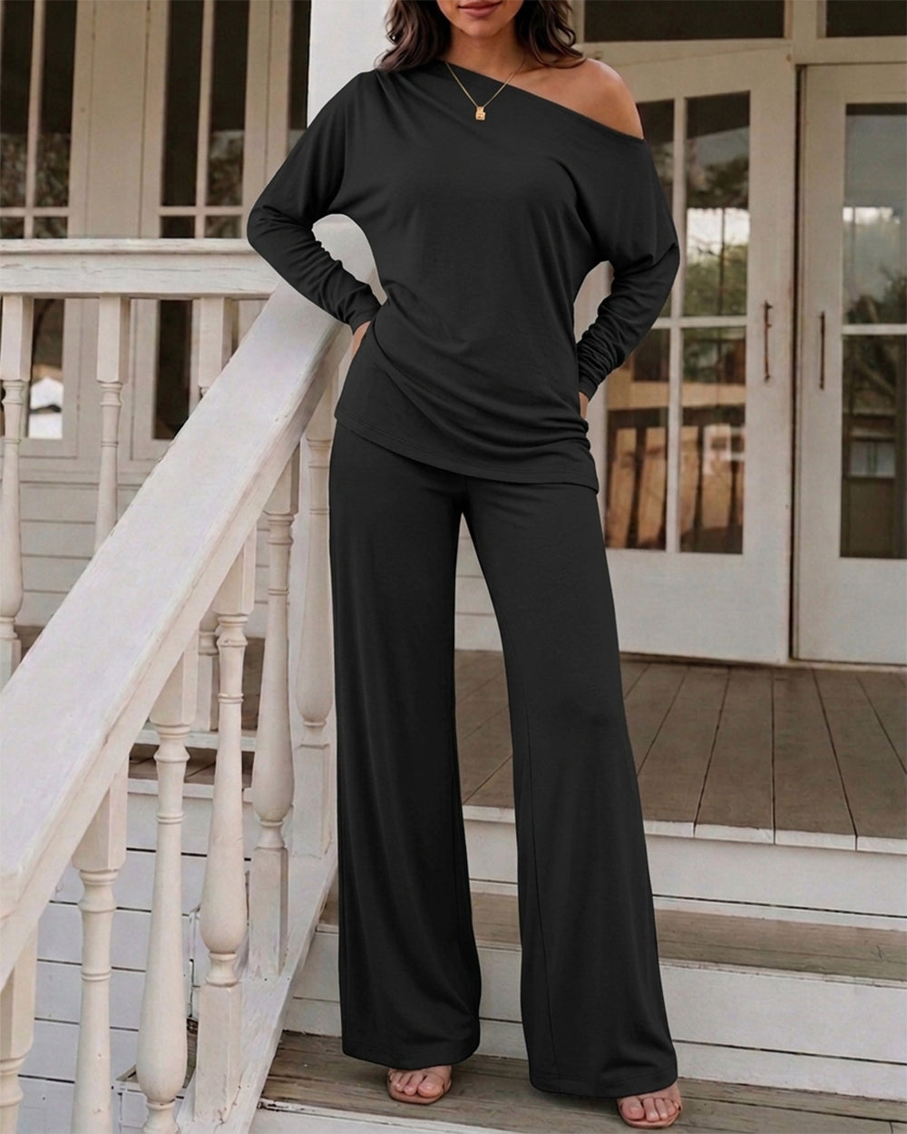 CHICME ESSENCE Women's 2 Piece Lounge Set Skew Neck Ruched Asymmetric Hem Long Sleeve Top and Wide Leg Pants Matching Outfit
