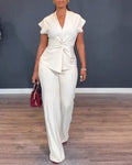 Women's 2 Piece Outfits V Neck Twist Front Slit Top and High Waisted Straight Leg Pants Set Commute Business Casual Suit