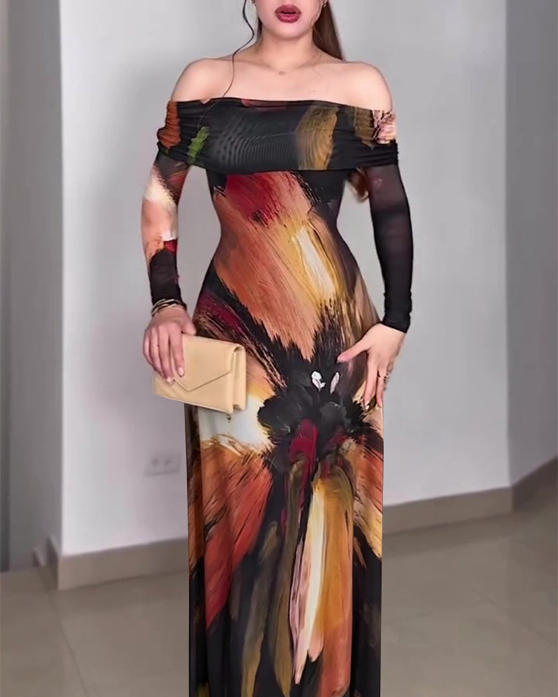 Women's Oil Painting Print Foldover Off-Shoulder Mesh Overlay Maxi Dress Long SleeveRuched Mermaid Long Dress