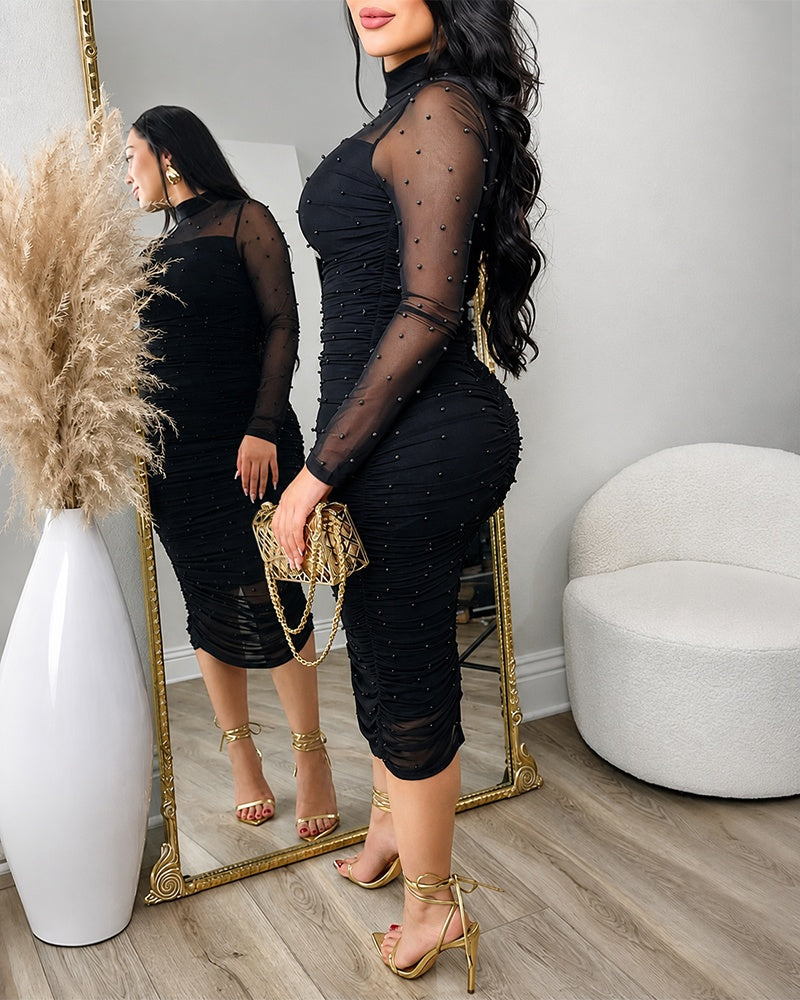 Women's 2 Piece Set Mock Neck Ruched Slit Beaded Mesh Dress and Strapless Slip Dress with Detachable Clear Straps