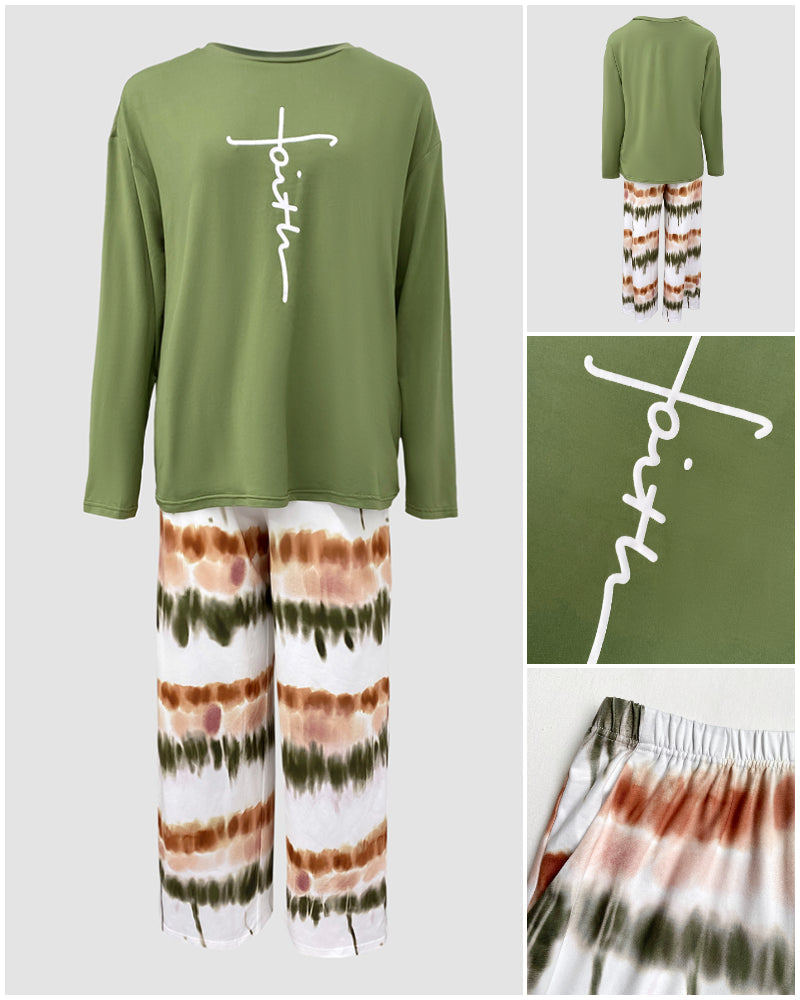 2 Pieces Outfit Letter Print Long Sleeve Top and Tie Dye Print Elastic Waist Pants Set Casual Pajamas Set
