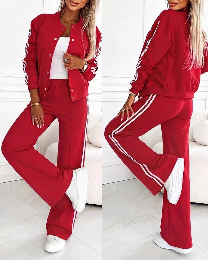 Women's 2-Piece Outfit Baseball Jacket and Wide-Leg Pants Set Casual Contrast Side Striped Tracksuit