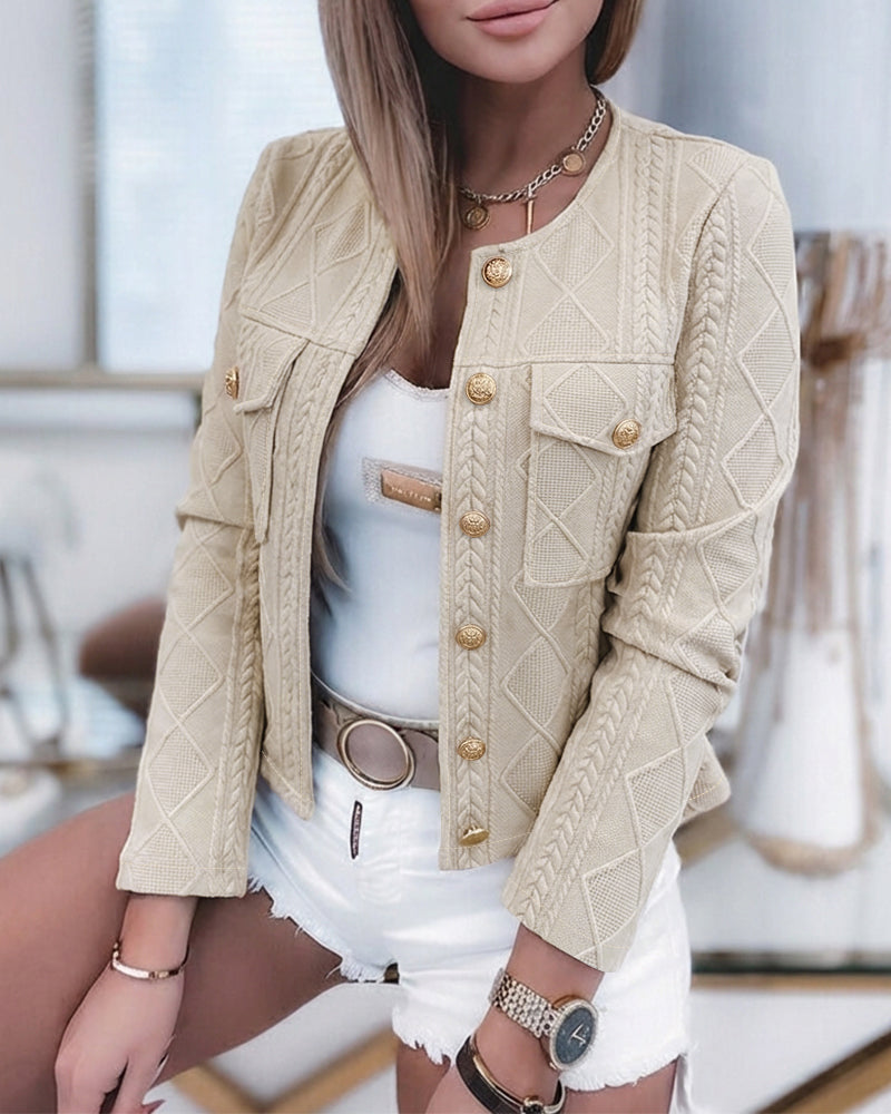 Women's French Style Cropped Jacket Round Neck Gold Button Coat Argyle Cable Jacquard Knit Outerwear