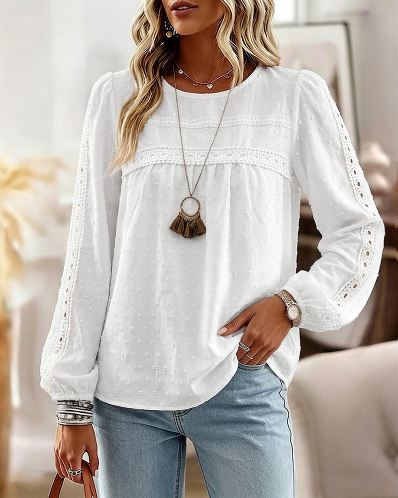 Women's Hollow-Out Lace Spliced Lantern Sleeve Top Elegant 3D Jacquard Chiffon Blouse for Work and Daily Wear