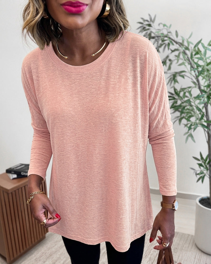 Women's Asymmetric Hem Long Sleeve Top Loose Fit Dropped Shoulder Crewneck Soft Slouchy Casual Tee