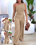 One Shoulder Sleeveless Ruched Cinched Waist Zipper Side Overalls Tied Detail Elastic Waist Wide Leg Jumpsuit