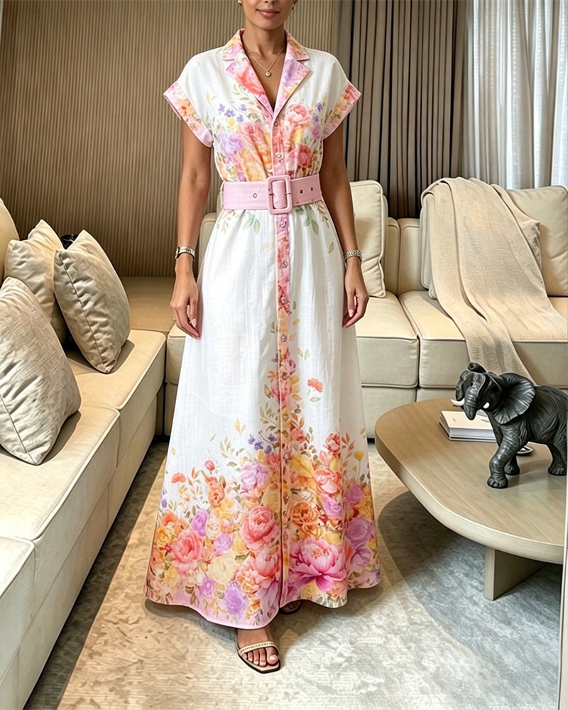 Women's Floral Print Maxi Dress Notched Collar Button Down Swing Dress Elegant French Style Vacation Dress with Belt