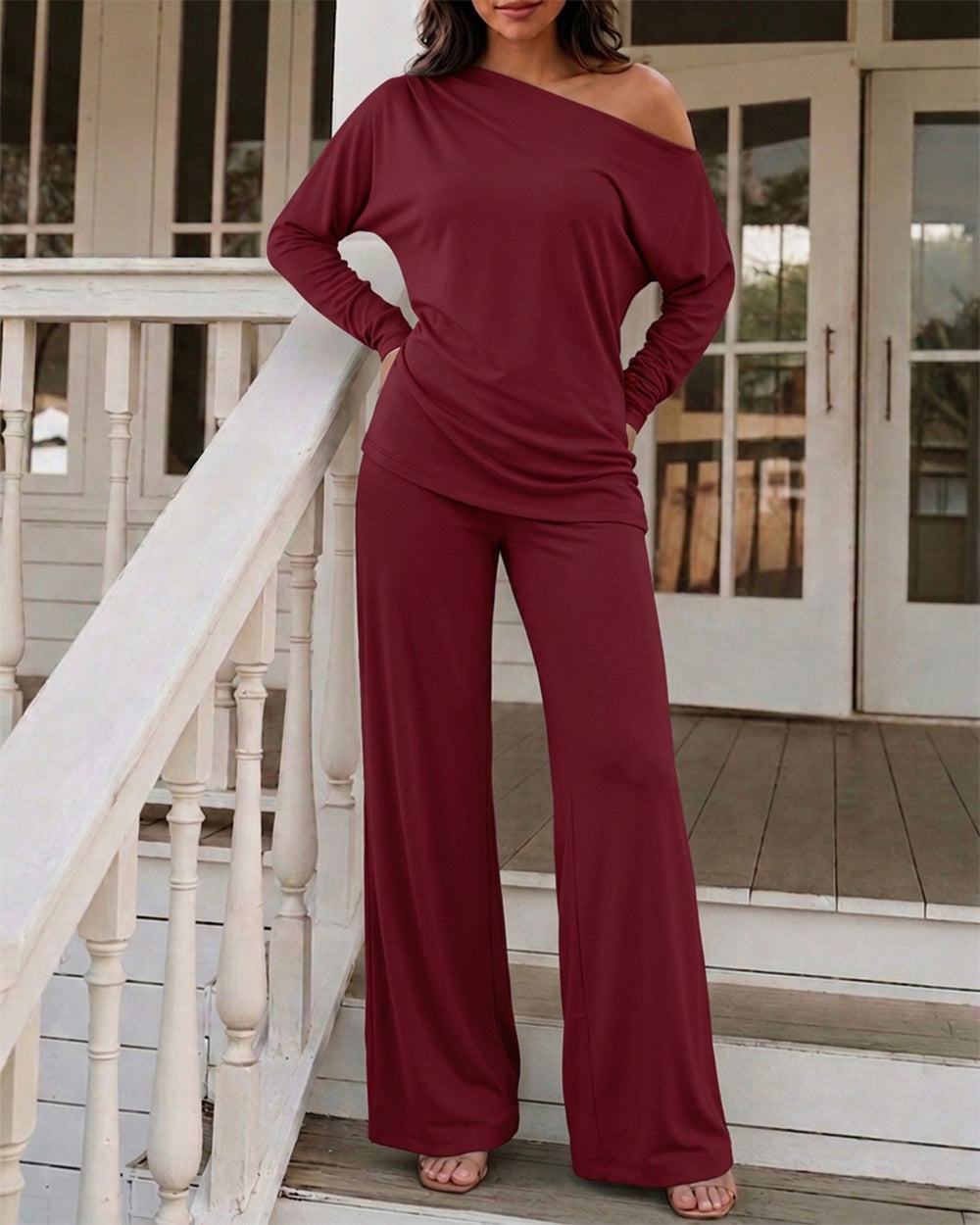 CHICME ESSENCE Women's 2 Piece Lounge Set Skew Neck Ruched Asymmetric Hem Long Sleeve Top and Wide Leg Pants Matching Outfit