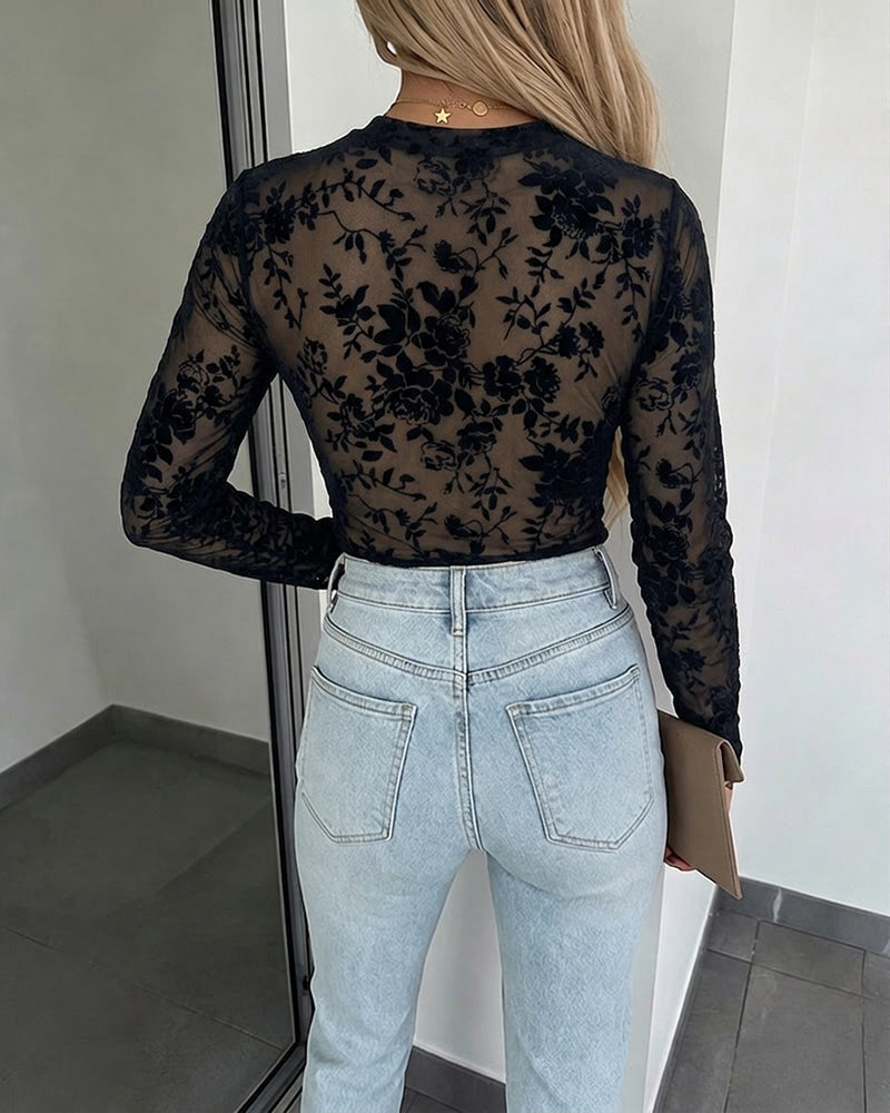 Women's Mesh Flocked Floral Top Lined Sheer Long Sleeve Tee Crewneck Slim Fit Layering Under Base Top with Thumbholes