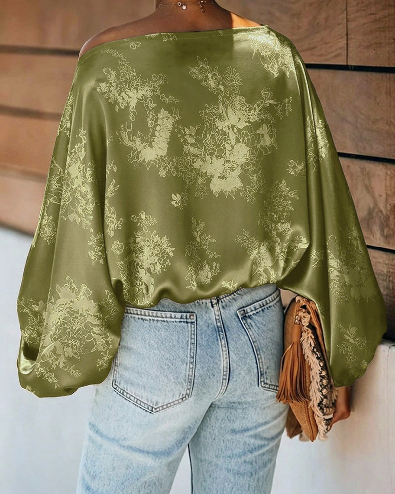 Women's Satin Jacquard Skew Neck Top Loose Vintage Lantern Sleeve Blouse