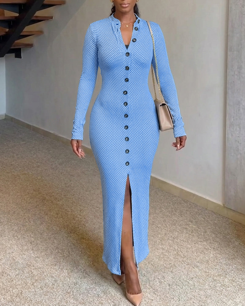 Women's Vintage Plaid Button Front Slit Maxi Dress Long Sleeve Stand Collar Slim Fit Knit Dress
