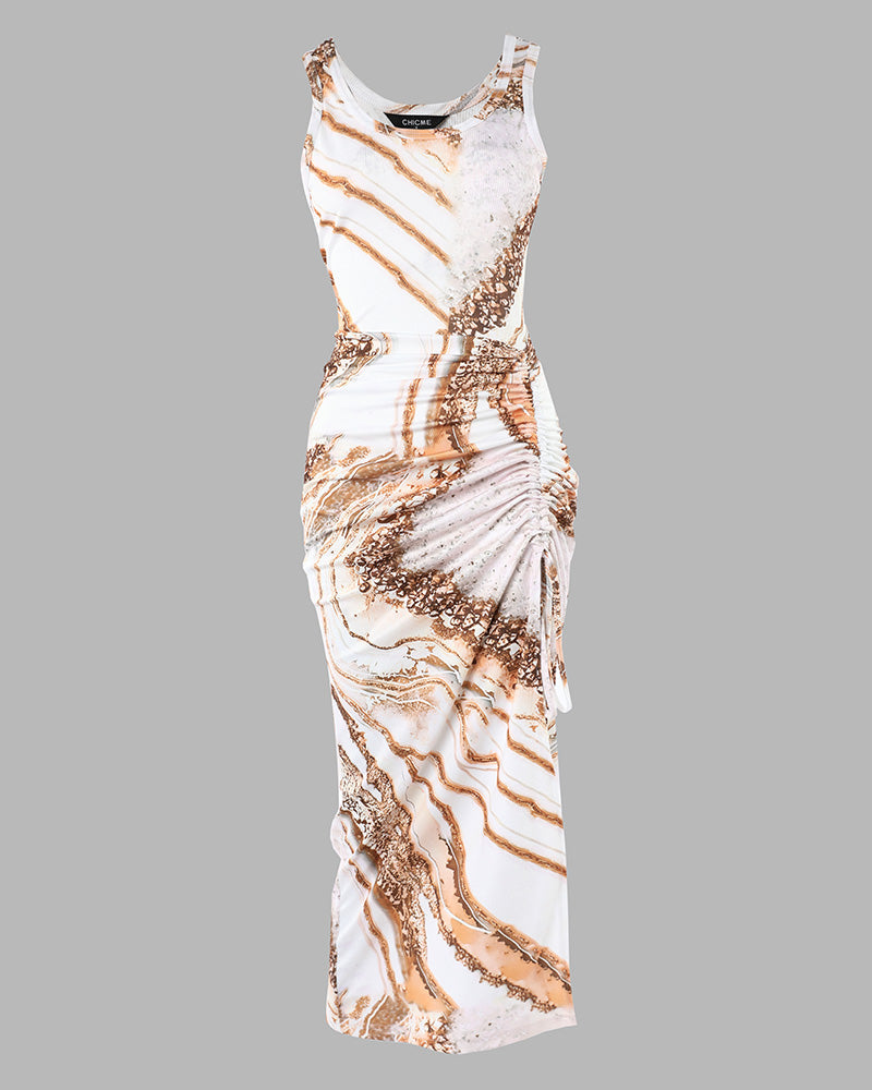 Marble Print U-Neck Sleeveless Ribbed Dress Casual Drawstring Ruched High Slit Vacation Dress