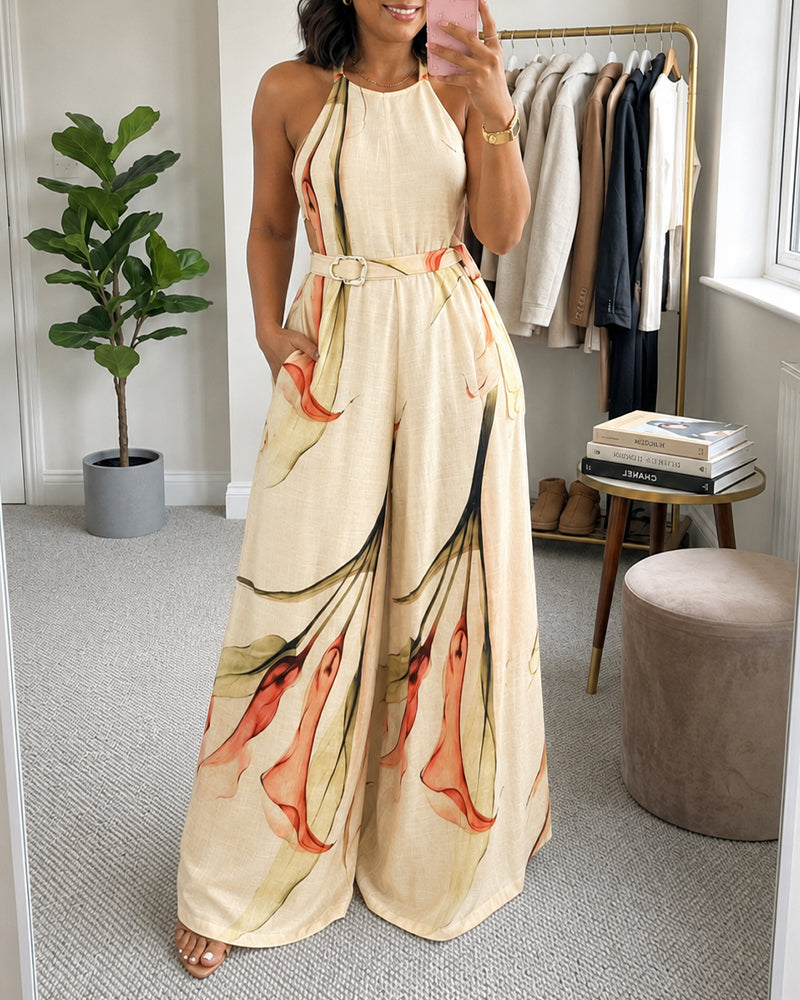 Women's Elegant Ink Floral Print Wide Leg Jumpsuit Casual Sleeveless Vacation Overalls with Belt