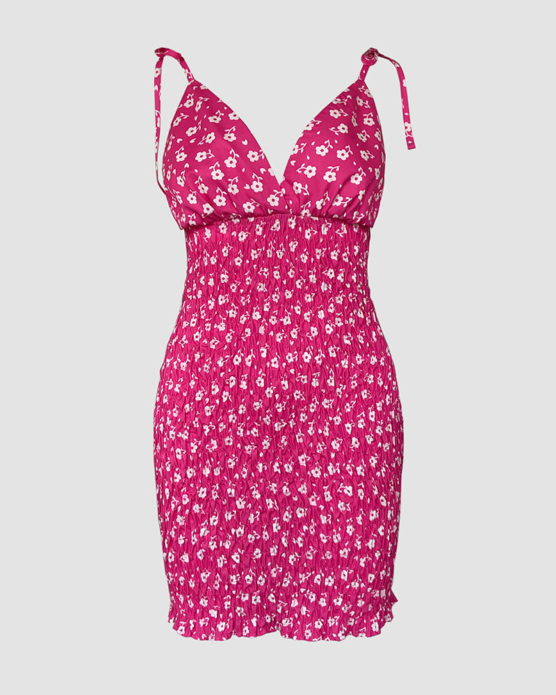 Women's Ditsy Floral Deep V Neck Shirred Sundress Sexy Tie Strap Backless Ruched Bodycon Cami Mini Dress