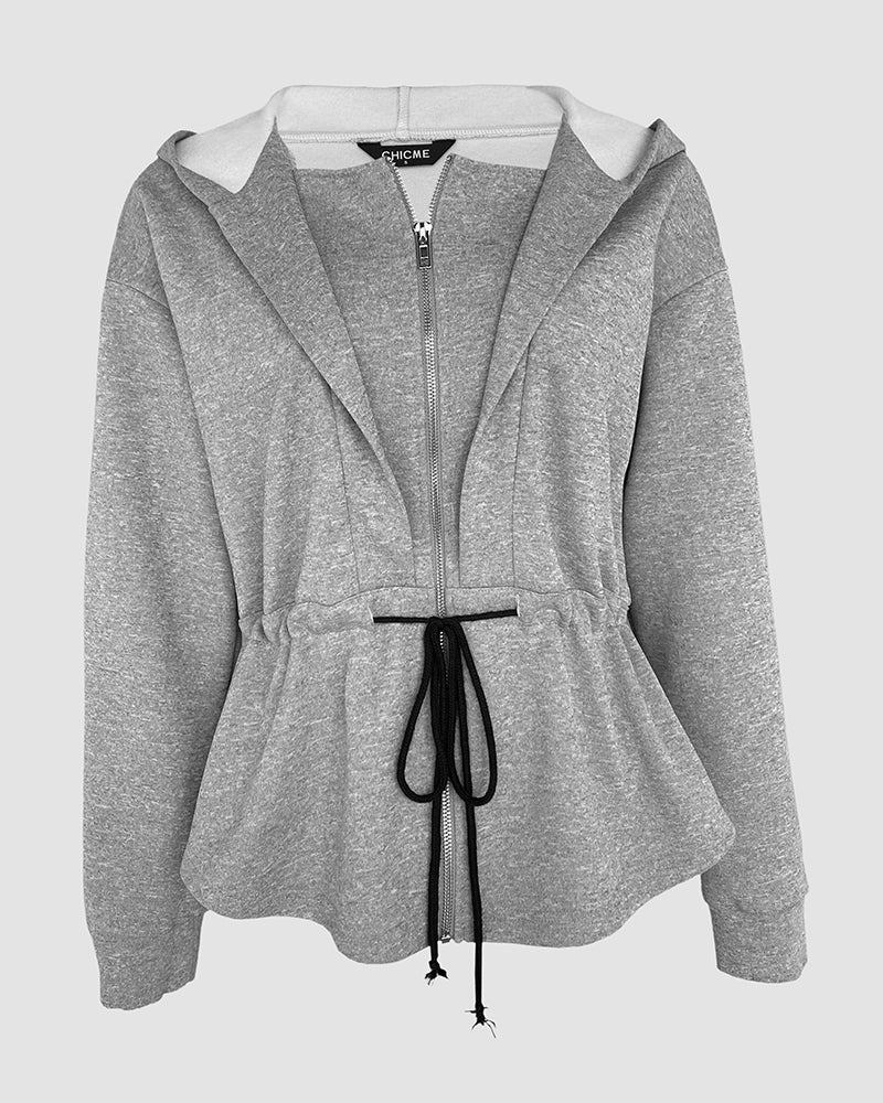 Women's Hooded Drawstring Waist Jacket Casual Zip Up Curved Hem Coat