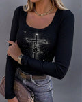 Women's Square Neck Long Sleeve Top Rhinestone Faith Letter Graphic Ribbed Knit Shirt Slim Fit Casual Sparkly Tee