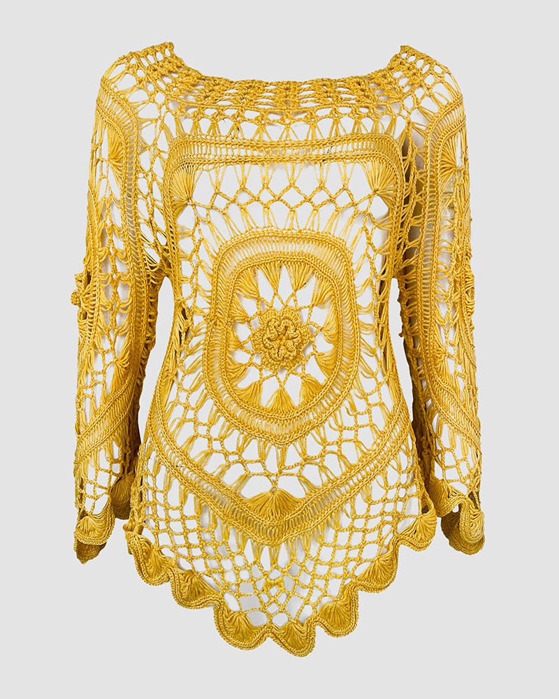 Women's Crochet Hollow Out Knit Top Batwing Sleeve Loose Cover Up Asymmetric Hem Sheer Bohemian Knitwear