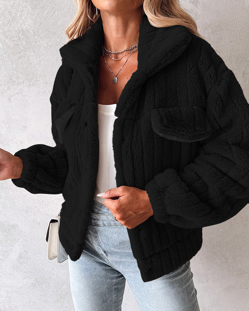 Textured Striped Turn-down Collar Button Front Elastic Cuff and Hem Teddy Fleece Jacket With Decorative Flap Pockets