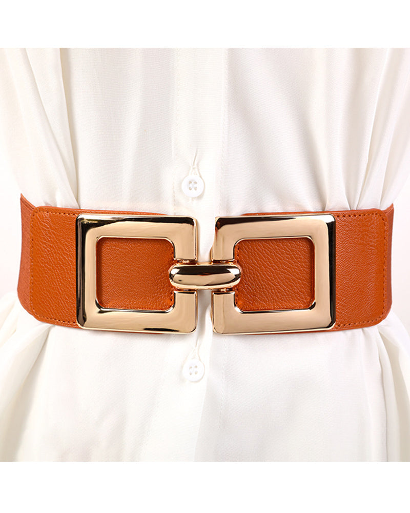Wide Elastic Belt Fashion Square Gold Buckle Stretch Dress Belt Waistband